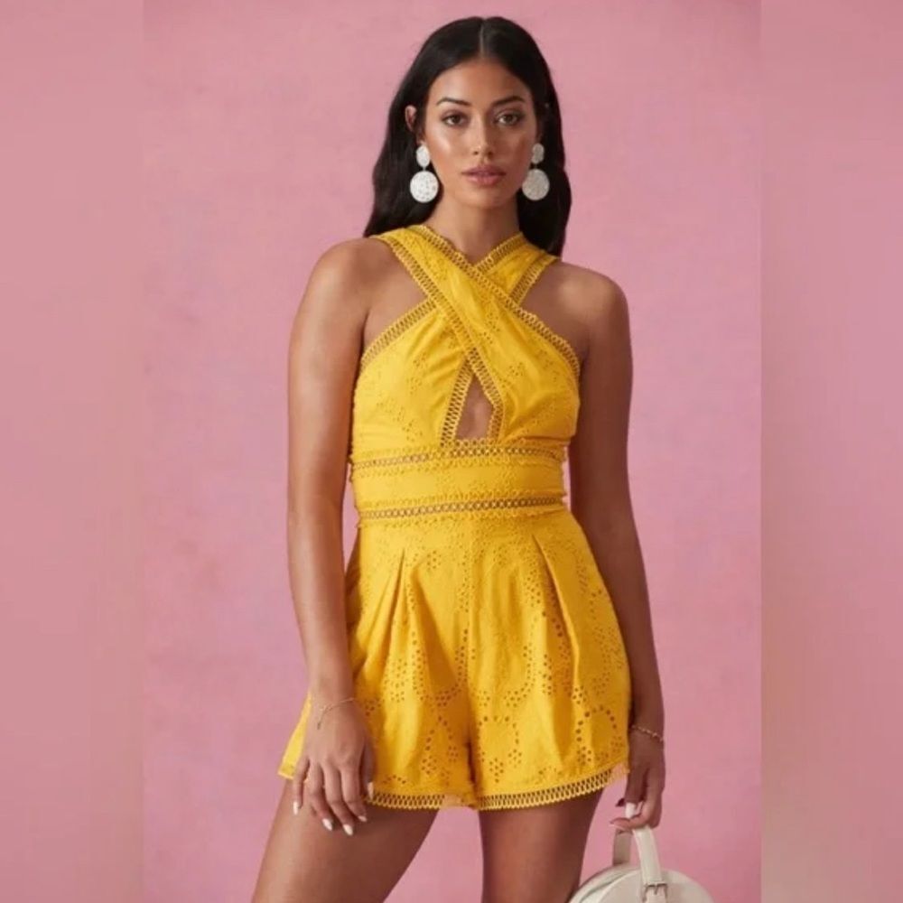 X by NBD Dreslin Beeswax Yellow Eyelet Cutout Romper Revolve NWT XS